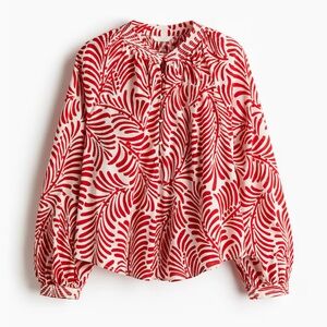 H&M Red Leaf Print Band Collar Balloon Sleeve Blouse Small